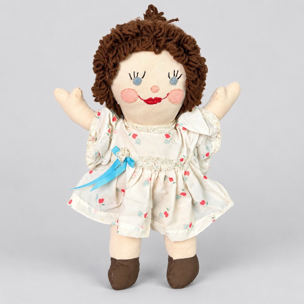 Vintage Handmade Cloth Rag Doll 15in Brown Yarn Hair Embroidered Face Floral